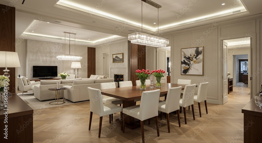 Fototapeta premium Luxurious Modern Interior with Dining Area, Living Room, and Elegant Lighting Fixtures