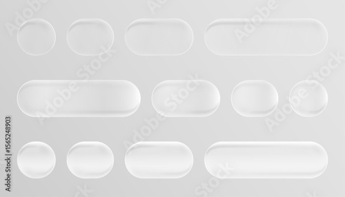 Shiny Liquid Glass Set, Realistic UI Elements: Modern Neumorphism Style Buttons Design Collection with Transparent Matte Effect for Web and App Interfaces