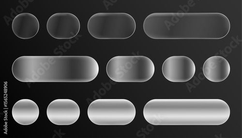 Collection of Liquid Glass Buttons in Various Shapes and Sizes for UI Design on Dark Background. Liquid Glass Set