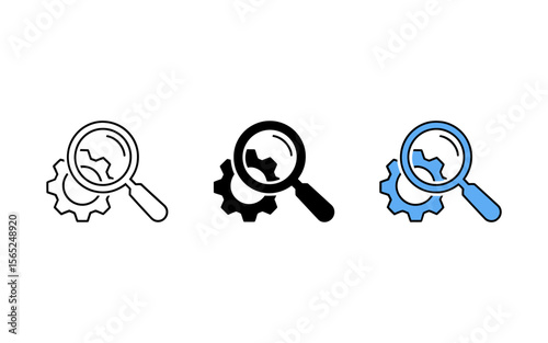 Vector Magnifying glass over a gear symbol representing search and analysis of mechanical systems