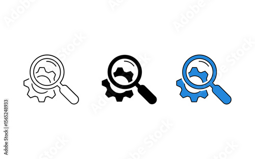 Vector Magnifying glass over a gear symbol representing search and analysis of mechanical systems