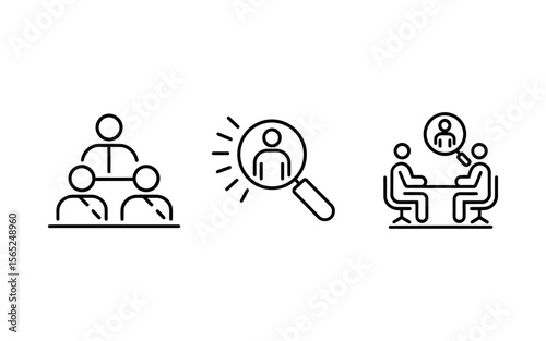 Vector Three icons representing teamwork recruitment and interview process in business