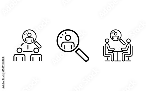Vector Three icons representing teamwork recruitment and interview process in business