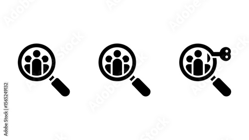Vector Magnifying glass icons with human faces and a key symbol representing search and discovery