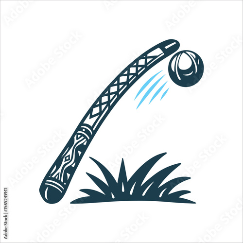 Mapuche Palin Game Stick and Ball Illustration Mapuche Palin Stick Long slender curved hockey stick contacting a ball