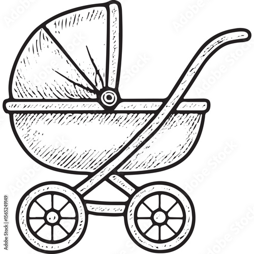 Stylish baby stroller icon in black and white outline, perfect for baby gear and nursery art