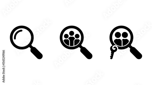 Vector Magnifying glass icons with human faces and a key symbol representing search and discovery