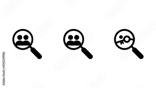 Vector Magnifying glass icons with human faces and a key symbol representing search and discovery