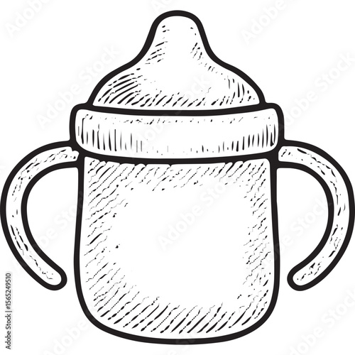 Adorable sippy cup icon in black and white outline, great for baby feeding and nursery decor