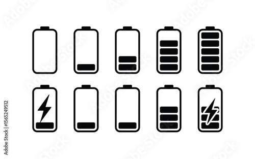 Battery Charge Level Icons Set: Full, Empty, Charging, and Medium Battery Status