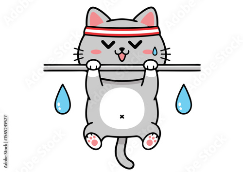 Cute Cartoon Cat Exercising Hanging from Bar Wearing Headband Sweating.