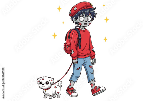 Cartoon Zombie Boy Walking a Dog Wearing Red Outfit and Backpack.