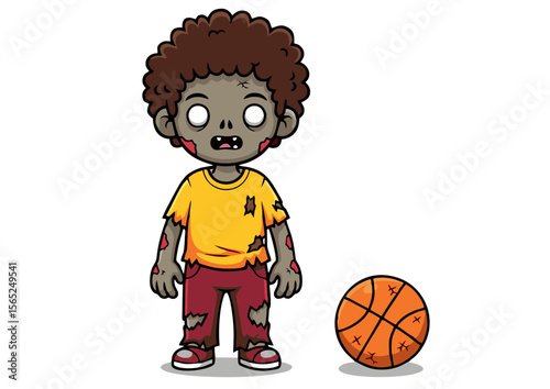Cartoon Zombie Boy with Curly Hair and Torn Clothes Standing Upright.