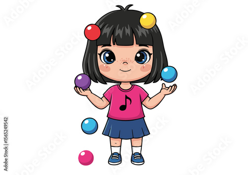 Adorable Girl with Bob Haircut Juggling Colorful Balls.