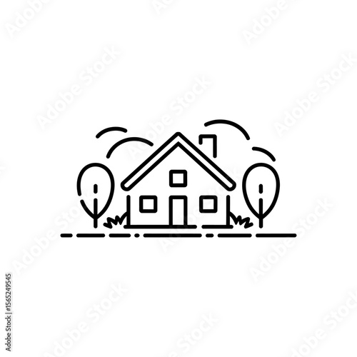 Vector Simple line art icon of a house with trees and grass on a white background