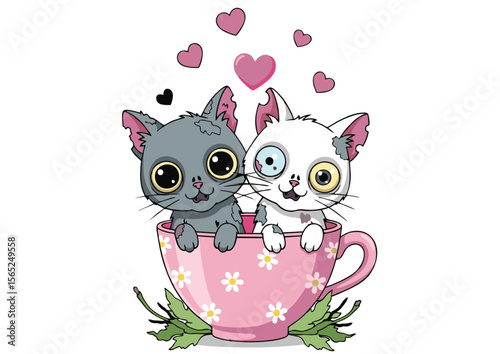 Two Cute Cartoon Kittens with Mismatched Eyes Sitting in a Pink Teacup Displaying Affection.