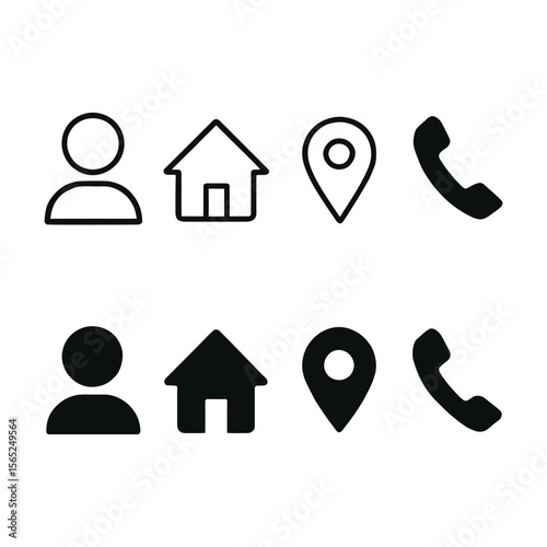 Vector Set of four essential contact and location icons in outline and solid black styles