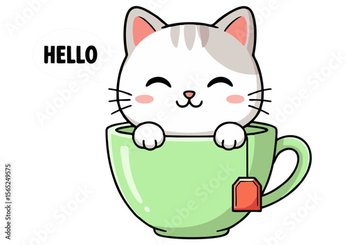 Cute Cartoon Cat in a Teacup Saying Hello.