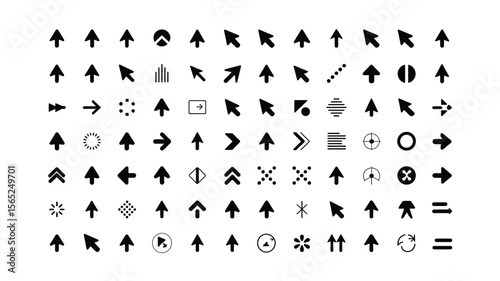 Collection of Black and White Arrow, Cursor, and Directional Icons Set