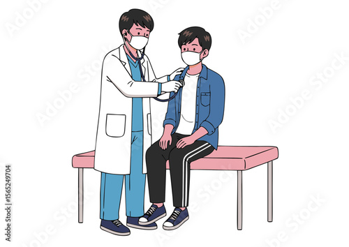 Doctor in white coat using stethoscope on masked patient.