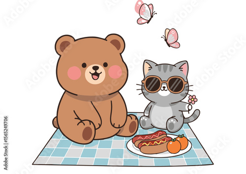 Cute Cartoon Bear and Cat Enjoying Picnic with Food and Butterflies.