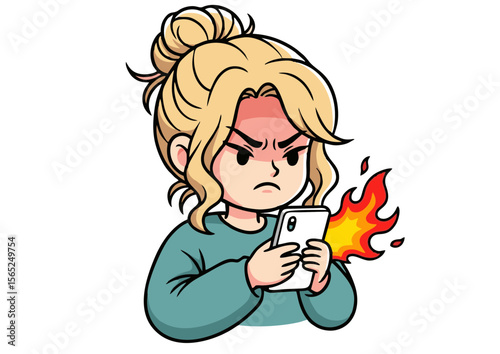 Cartoon Woman with Angry Expression Holding Burning Smartphone.