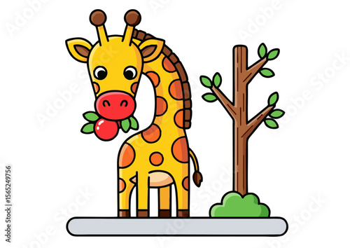 Cartoon Giraffe Eating Berries Yellow Body with Orange Spots Cute Style.