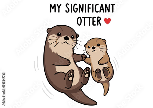 Cute Otter Mother and Baby Holding Hands.