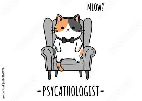 Cute Cartoon Cat Psychologist in Armchair with Bow Tie.