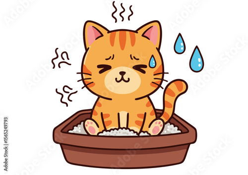Cartoon Orange Tabby Cat Sitting in Litter Box Looking Uncomfortable.