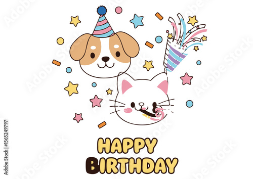 Adorable Cartoon Dog and Cat Celebrating Birthday.