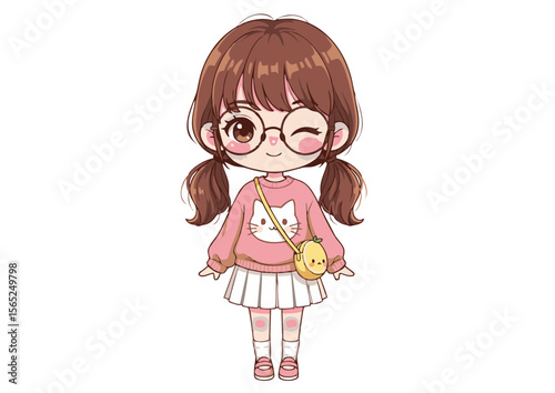 Adorable Anime Girl Winking Brown Hair Pink Sweater Cat Design Yellow Bag.