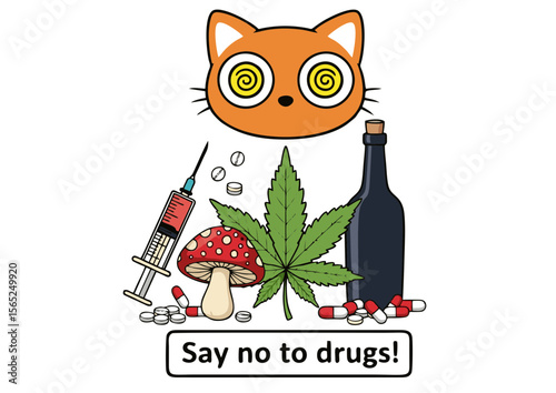 Orange Cat with Swirling Eyes Above Drugs and Alcohol.