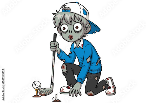 Cartoon Zombie Golfer Kneeling with Club and Ball Wearing a Baseball Cap.