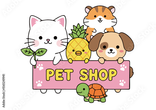 Cute Cartoon Animals Holding Pet Shop Sign Illustration.