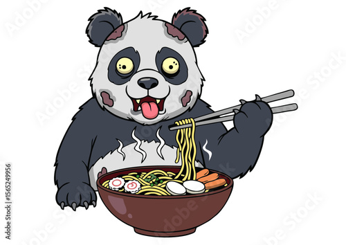 Zombie Panda Enjoying a Bowl of Steaming Ramen Noodles.