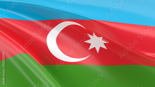 Flag of Azerbaijan waving in the wind 3D illustration. Horizontal blue, red, and green stripes with a white crescent and eight-pointed star in the center. 