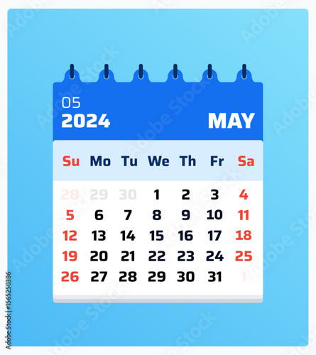 May 2024 calendar. Blue calendar portrait. 2024 Weekend starts on sunday and saturday. Simple design. Monthly planner view may 2024. Vector illustration