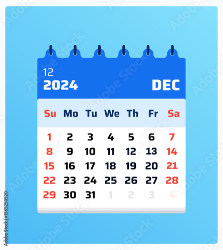December 2024 calendar. Blue calendar portrait. 2024 Weekend follows sunday and saturday. Flat layout. Monthly calendar format dec 2024. Vector illustration