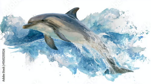 Vector illustration of a dolphin in the ocean, watercolor paint.