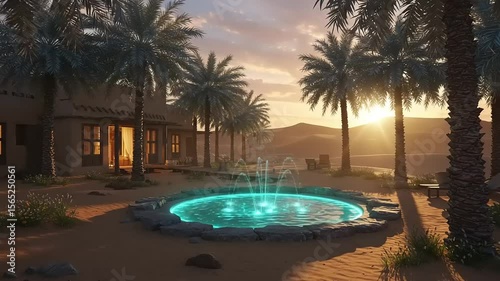 Tranquil desert oasis with palm trees at sunset