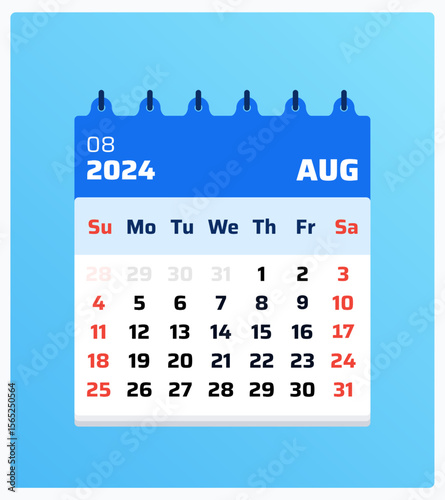 August 2024 calendar. Blue calendar portrait. 2024 Weekend on sunday and saturday. Clean format. Monthly planner layout august 2024. Vector illustration