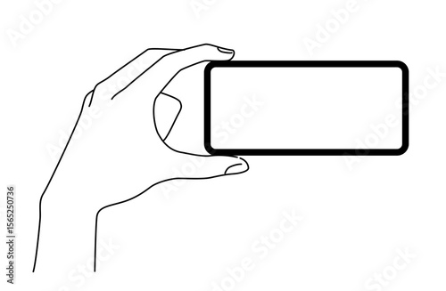 横向きでスマートフォンを持つ手を描いたシンプルな線画ベクターイラスト