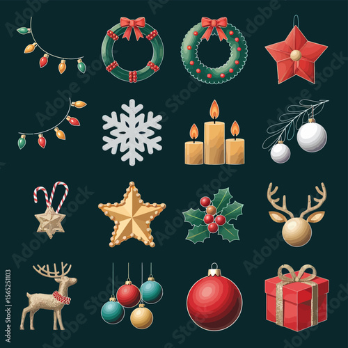 vector Happy New Year Celebrating 2025 in Latin letters , Christmas Decoration Items Santa Claus
