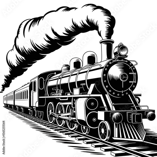 Vintage Steam Train A Black and White Woodcut Illustration of a Retro Locomotive