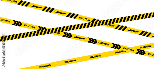 Caution warning tape with yellow and black stripes. Realistic crossed tape for construction area, crime scene or danger zone. Police warning crossed ribbon at transparent background. Vector.
