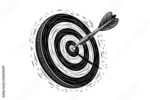 Bullseye A Black and White Woodcut Style Illustration of a Dart Hitting the Target