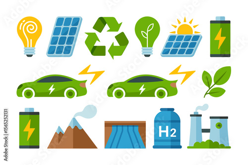 Flat Design Illustration Sustainable Energy Sources and Eco-Friendly Vehicles