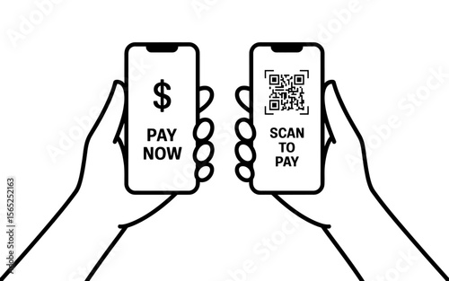 A Minimalist Line Art Illustration Showing Mobile Payment Scan to Pay and Pay Now Options