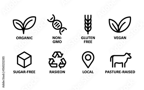 Minimalist Black and White Icons A Set of Eight Organic Food & Lifestyle Symbols